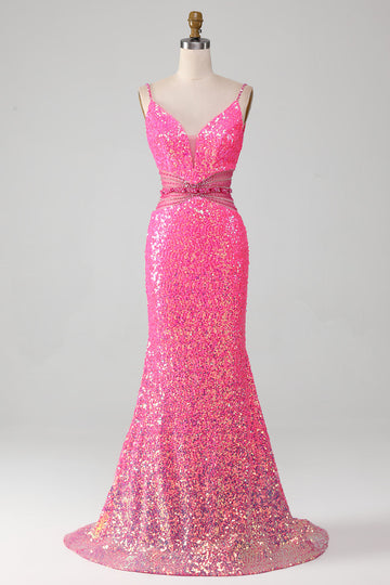 Vestido de fiesta de sirena con purpurina de tirantes de espagueti rosa intenso con cintura de abalorios